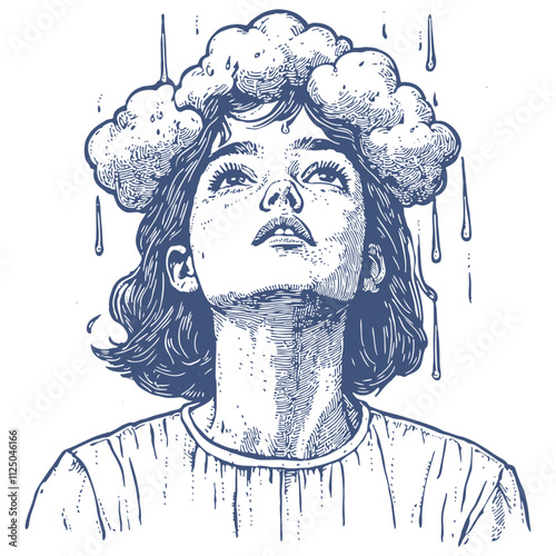 Head of a girl in a cloud, engraving style, vector illustration.