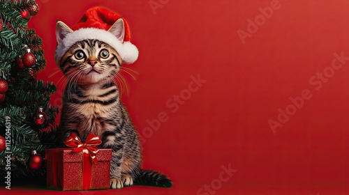 Cool feline Santa hat holding festive red Festive Cat in Santa Hat Cool Holiday Kitty Vibes Red & Whiskers Christmas.Santa Hat Feline Fun.Paws and Holiday Cheer photo