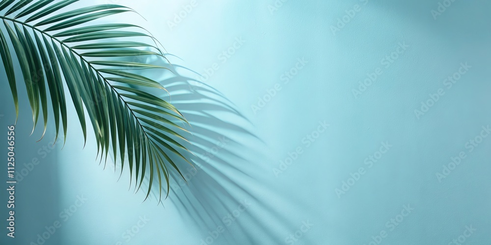 Fototapeta premium Palm Frond Shadow on Aqua Minimalist Summer Composition