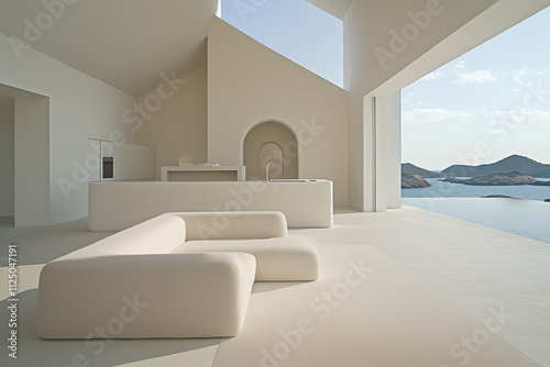 Real estate and architecture. Modern and minimalist arquitecture of white house with infinity swimming pool and sea views