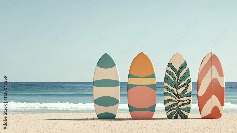 Colorful Surfboards with Tropical Designs on a Beach Vibrant Summer Vibe Ocean View Surf Culture Inspiration Colorful Surfboards with Tropical Designs on a Beach Vibrant Summer Vibe Ocean View Surf Culture Inspiration