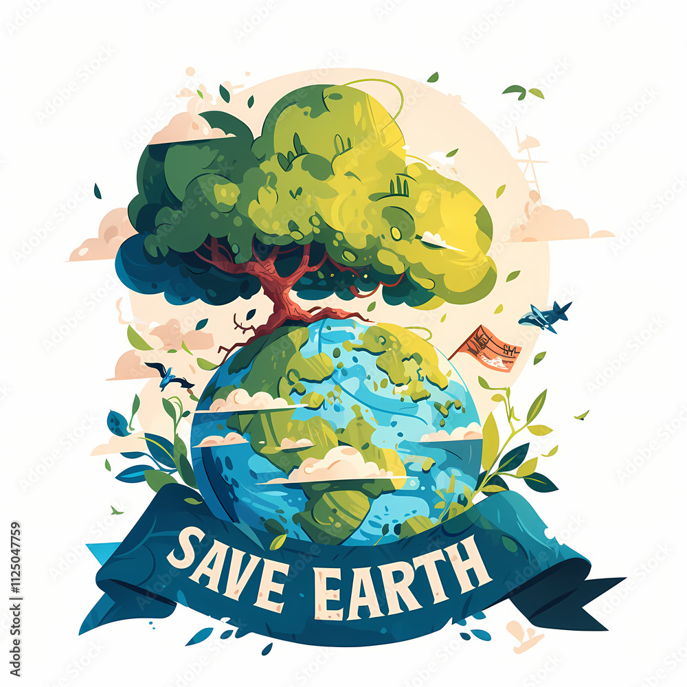 Vector illustration of earth with tree and blue banner Vector illustration of earth with tree and blue banner