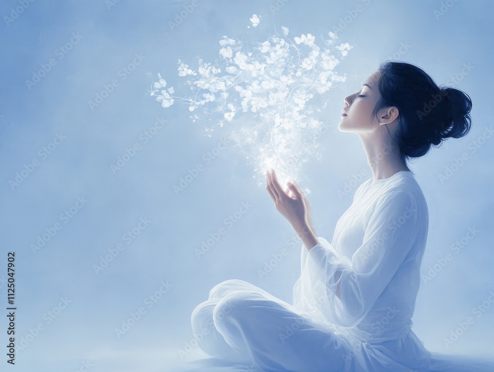 Naklejka premium A serene woman in white, sitting cross-legged, breathes out ethereal butterflies against a soft blue background, symbolizing peace and transformation.