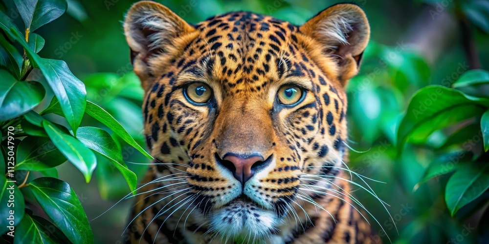 Jaguar Portrait Lush Green Foliage, Close-Up Composition