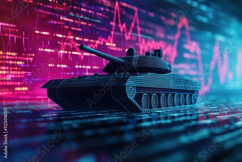 Wireframe tank deployed during market crash representing military spending
