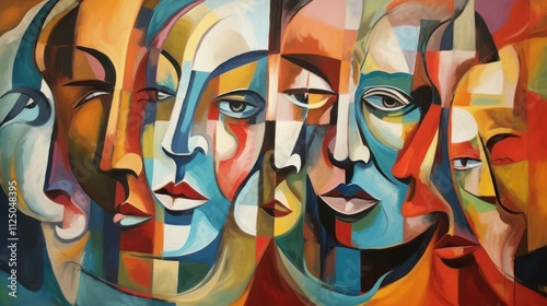 Abstract colorful painting of multiple faces.