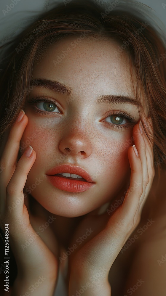 Close-up portrait of a young woman with freckled skin, looking thoughtfully into the distance, emphasizing natural beauty and emotion.