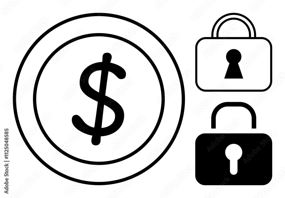 Dollar sign inside a circle and two padlocks symbolize financial protection and security. Ideal for finance, online banking, data security, cybersecurity, e-commerce, personal safety, and secure Dollar sign inside a circle and two padlocks symbolize financial protection and security. Ideal for finance, online banking, data security, cybersecurity, e-commerce, personal safety, and secure