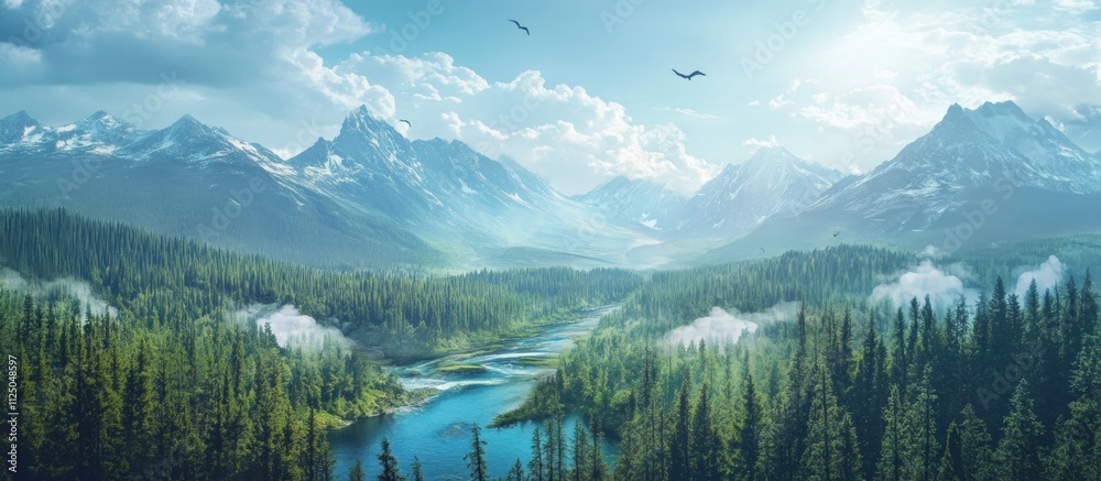 Naklejka premium Serene mountain valley landscape with river, forest, and birds in flight.