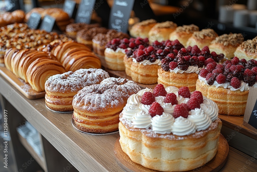 Delicious variety of cakes and pastries in a bakery display Delicious variety of cakes and pastries in a bakery display