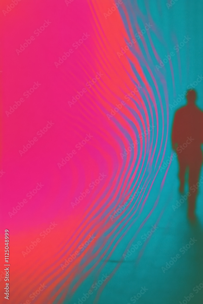 a person walking through a tunnel with a pink and blue light a person walking through a tunnel with a pink and blue light