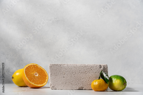 Concrete podium surrounded by citrus fruits on light background with copy space photo