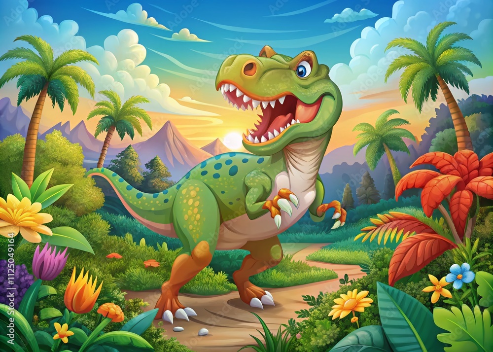 Colorful Cartoon Illustration of a Tyrannosaurus Rex Dinosaur in a Playful Style Surrounded by a Fun, Vibrant Landscape Perfect for Children's Books and Educational Materials Colorful Cartoon Illustration of a Tyrannosaurus Rex Dinosaur in a Playful Style Surrounded by a Fun, Vibrant Landscape Perfect for Children's Books and Educational Materials