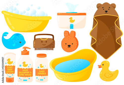 Baby bath time essentials. Infant bath care, toddler bath kit for babies, bathtub, baby shampoo