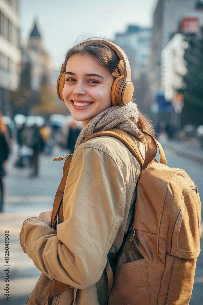 Smiling young woman with headphones and backpack enjoying music while walking in an urban environment on a sunny day. Smiling young woman with headphones and backpack enjoying music while walking in an urban environment on a sunny day.