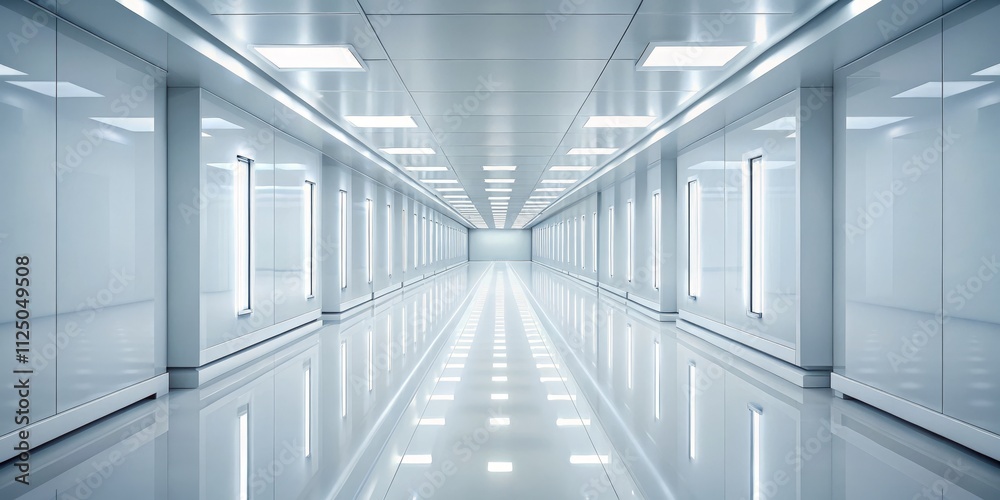 Futuristic White Corridor Linear Composition, Reflective Surfaces, Sterile Concept