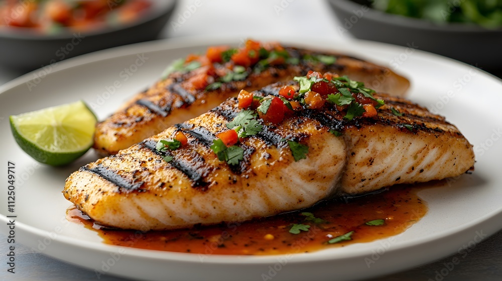Barramundi fillets grilled to perfection, garnished with fresh salsa and lime, create a vibrant and flavorful dish that is both delicious and visually appealing.