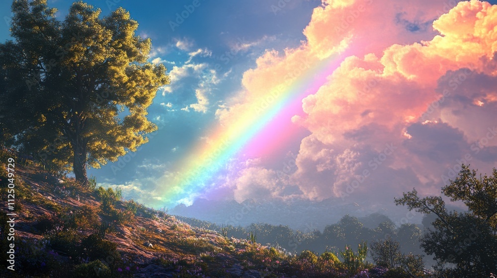 Rainbow over a hill with a tree and flowers. Rainbow over a hill with a tree and flowers.