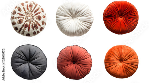 Set of different round pillows isolated on transparent background, top view
 photo