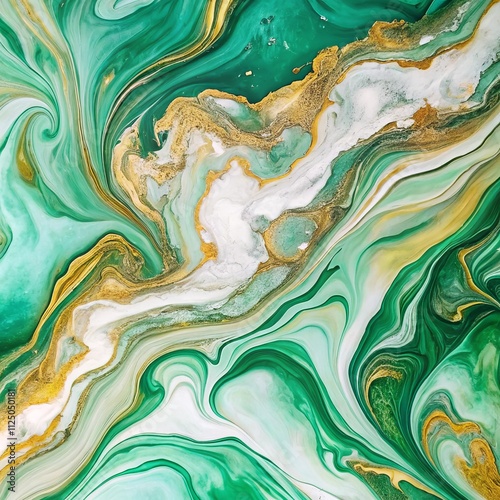 Emerald and Gold Fluid Acrylic Pour Abstract Swirling Marble Texture