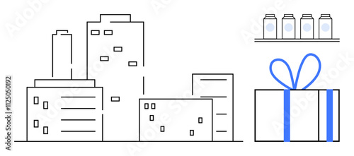 City buildings with multiple windows, large gift box with bow, shelf with four jars. Ideal for urban lifestyle, holiday, celebration, business, architecture gifting retail themes. Line metaphor