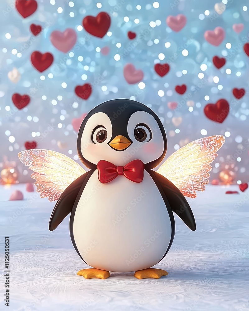 Fototapeta premium Penguin Cupid on ice, with shimmering wings and a glowing bow, snowy Valentine's day setting, 3D illustration