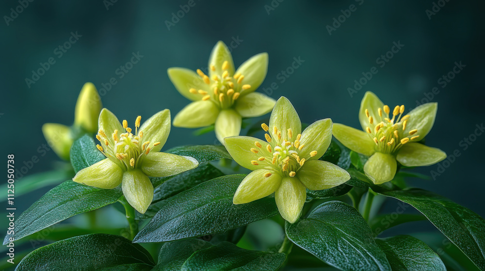 Fototapeta premium Vibrant green flowers with yellow centers surrounded by lush leaves create serene and calming atmosphere, perfect for nature lovers