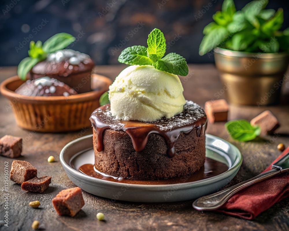 Decadent chocolate cake rests on a plate, topped with a scoop of creamy ice cream and fresh mint, surrounded by rich chocolate sauce and brownie bites, creating a delightful dessert experience