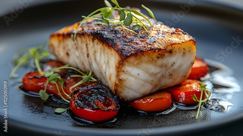 Barramundi, a succulent fish fillet, is beautifully seared to perfection, served atop roasted cherry tomatoes with fresh microgreens, offering a delightful gourmet presentation.
