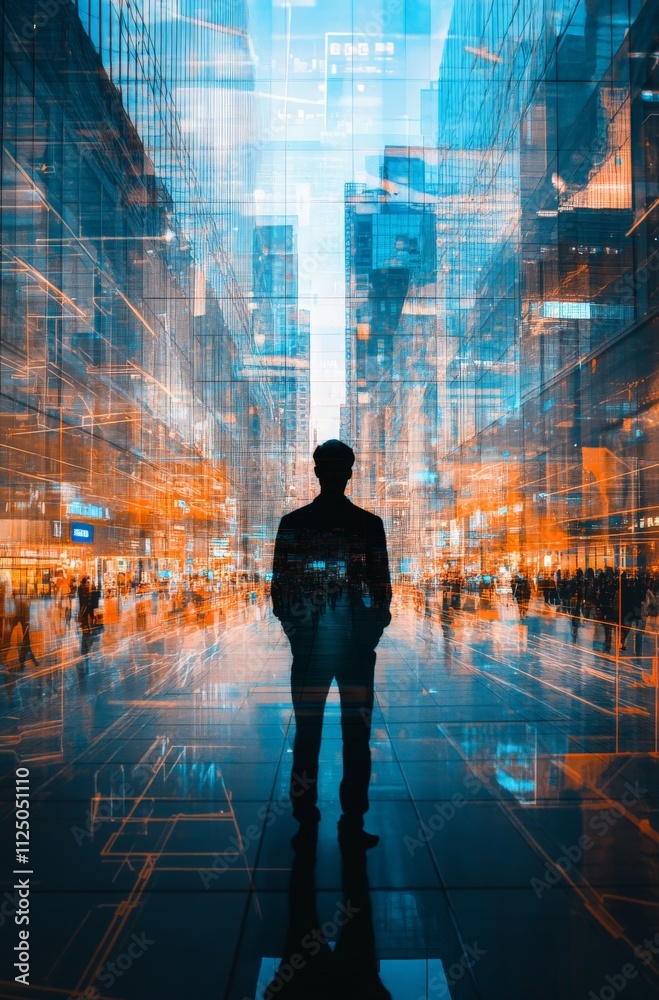 Silhouette of a young adult male in futuristic illuminated cityscape Silhouette of a young adult male in futuristic illuminated cityscape