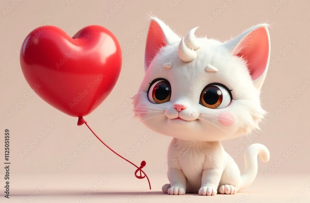 Fototapeta premium Happy Valentine's Day. Cute white cartoon character Cat sitting next to heart shaped red balloon. Advertising banner, funny poster for holiday sale, greeting card. Space for text, copy space