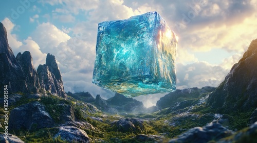 Giant ice cube floats above a mystical mountain valley. photo