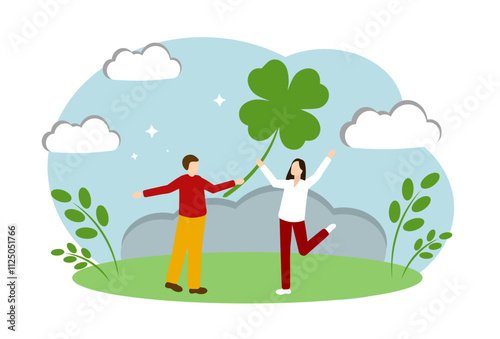 A man and a woman found a clover leaf. The emotion of joy, happiness and well-being