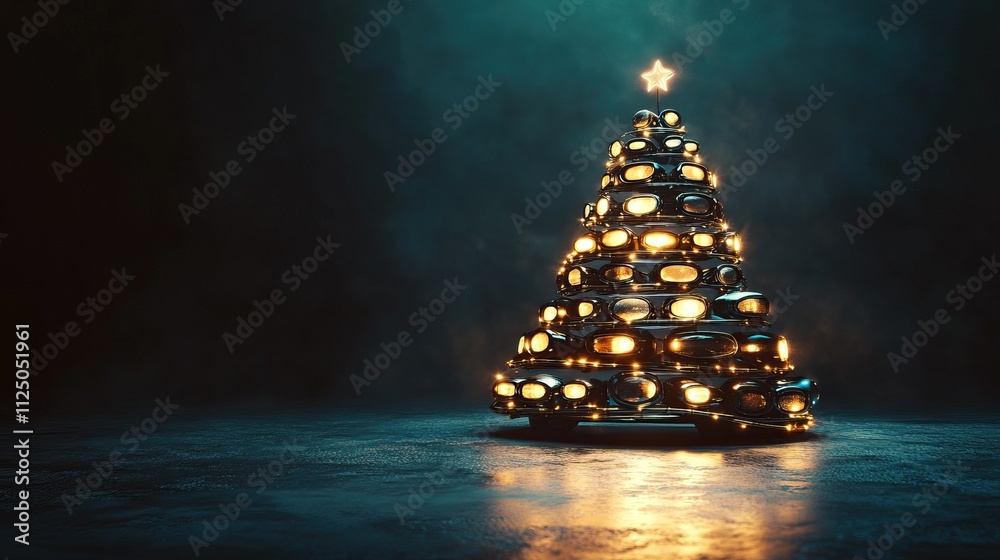 Elegant black metal christmas tree with warm dazzling lights, golden ornament star on top, radiant shine for happy new year celebration Elegant black metal christmas tree with warm dazzling lights, golden ornament star on top, radiant shine for happy new year celebration