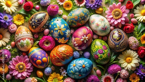 Colorful Decorated Painted Easter Eggs in a Stylish Arrangement for Spring Celebrations with Fresh Flowers and Natural Elements in a Vibrant Background