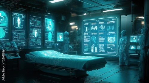 Futuristic Health Information System with Glowing Holographic Medical Displays