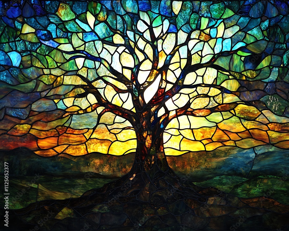 Vibrant stained glass tree of life artwork with sunset landscape. Vibrant stained glass tree of life artwork with sunset landscape.