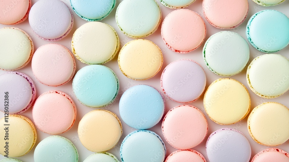 Pastel-colored macarons arranged in rows on a white background. Pastel-colored macarons arranged in rows on a white background.