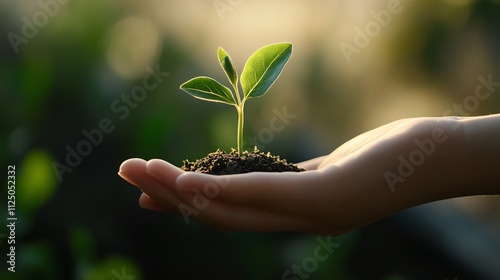 Hands holding and protecting emerging new plant life