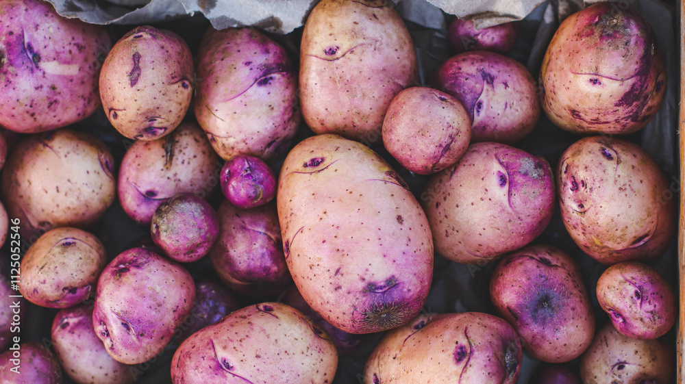 organic purple skinned potatoes close up in crate selective focus organic purple skinned potatoes close up in crate selective focus