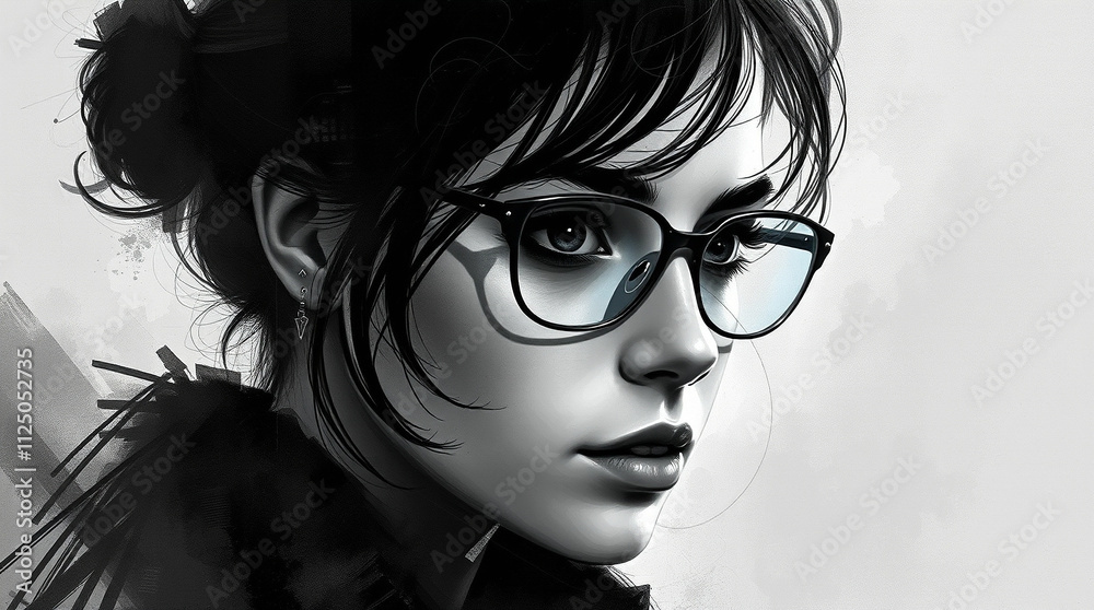 Fototapeta premium Data technology woman with eye glasses portrait. Some elements are made using images obtained with the help of generative Ai technologies. Close-up.