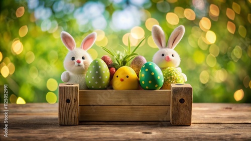 Colorful Easter Eggs as Adorable Bunny and Chicken Characters in a Box on a Wooden Table Surrounded by a Vibrant Green Bokeh Background for Easter Holiday Celebrations
