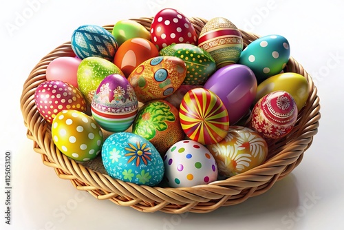Colorful Easter Eggs in a Basket on a White Background - 3D Rendered Illustration for Seasonal Celebrations and Spring Festivities