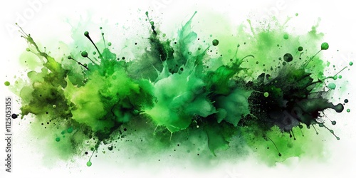 Abstract Green Watercolor Explosion Splashes and Blots Composition