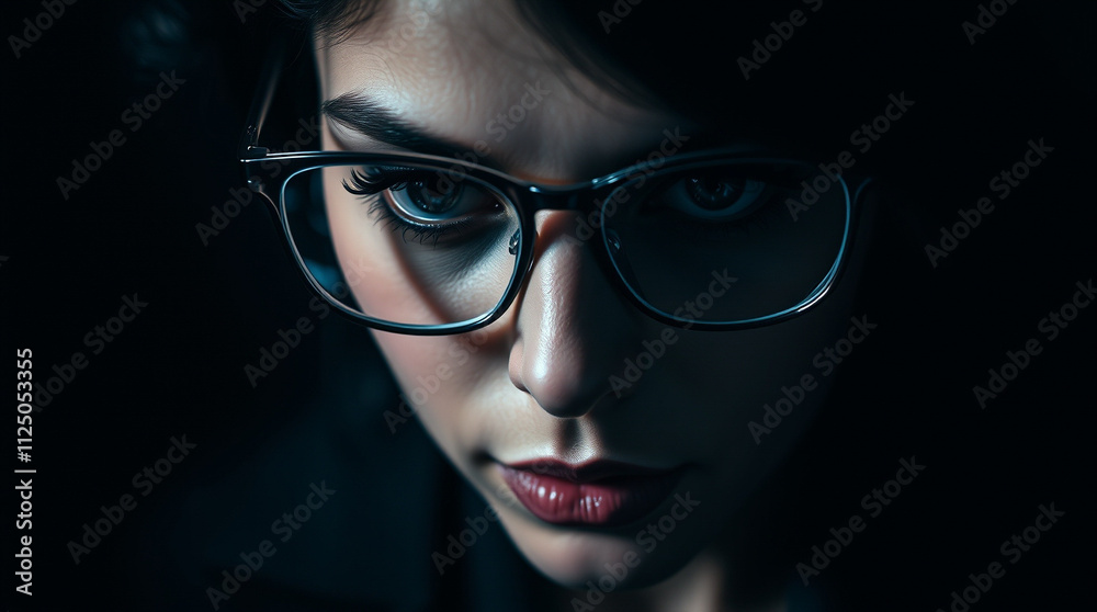 Data technology woman with eye glasses portrait. Some elements are made using images obtained with the help of generative Ai technologies. Close-up. Data technology woman with eye glasses portrait. Some elements are made using images obtained with the help of generative Ai technologies. Close-up.