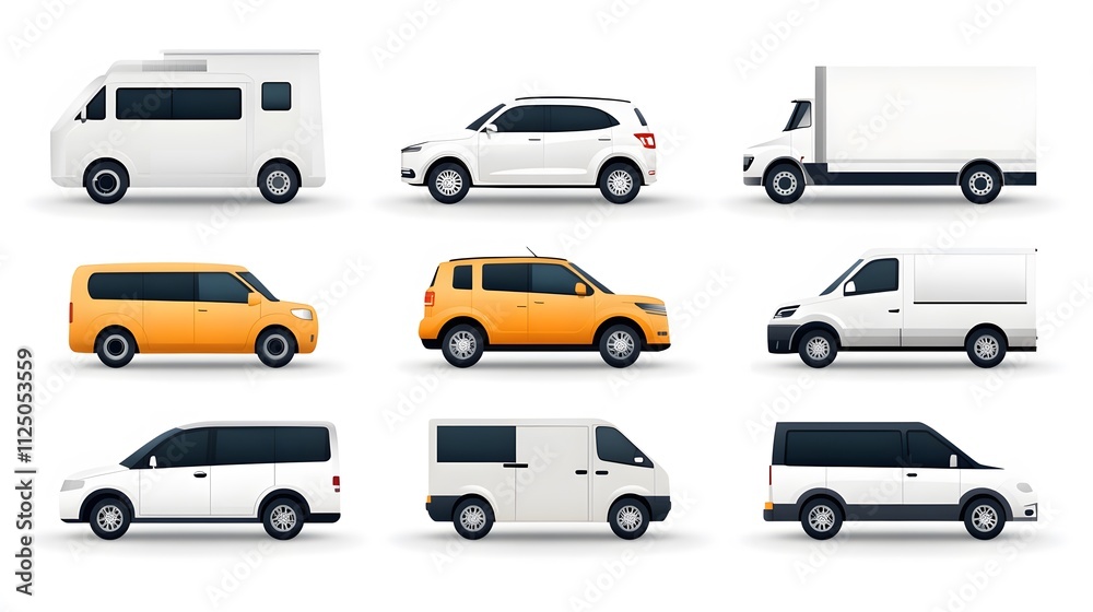 Collection of flat vector vehicle icons including cars, trucks, and buses with simple and uniform design Collection of flat vector vehicle icons including cars, trucks, and buses with simple and uniform design
