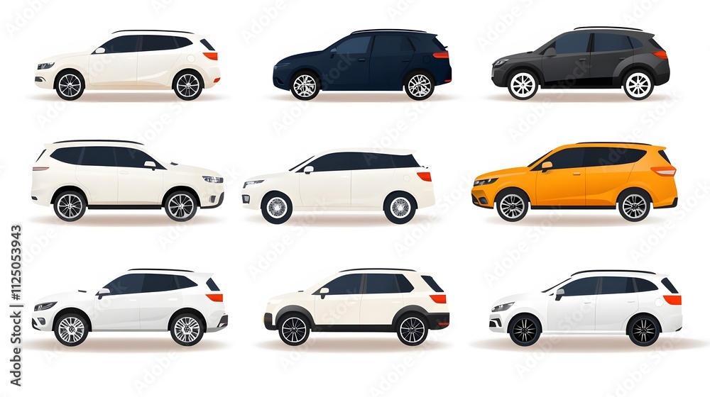 Flat vector car rental service icon set featuring multiple vehicle types with vibrant, professional design Flat vector car rental service icon set featuring multiple vehicle types with vibrant, professional design