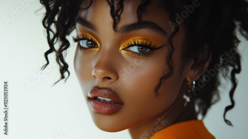 Beautiful Woman With Golden Eye Makeup And Curly Hair