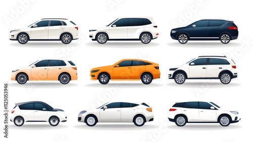 Flat vector car rental service icon set featuring multiple vehicle types with vibrant, professional design