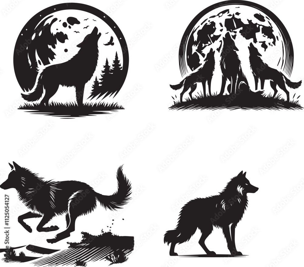 Obraz premium black and white silhouette of Wolve howling at the moon